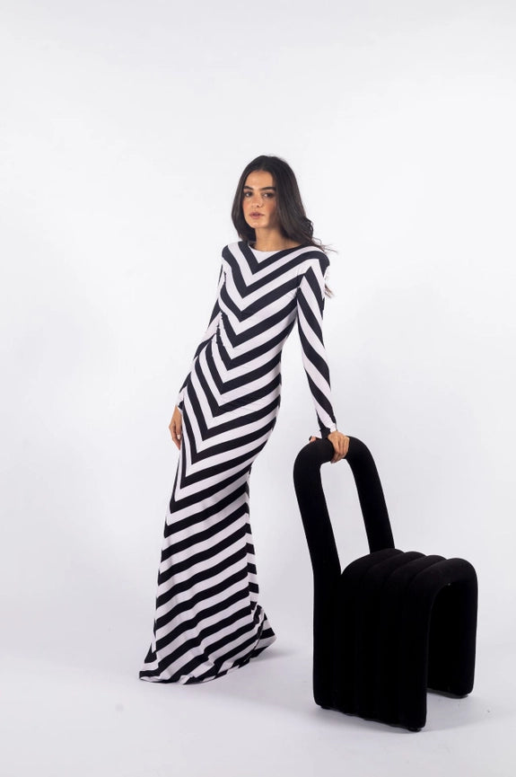 Stella Dress | Black and White Diagonal Striped Dress-Dress-Ashley Stambouli-XS-Urbanheer