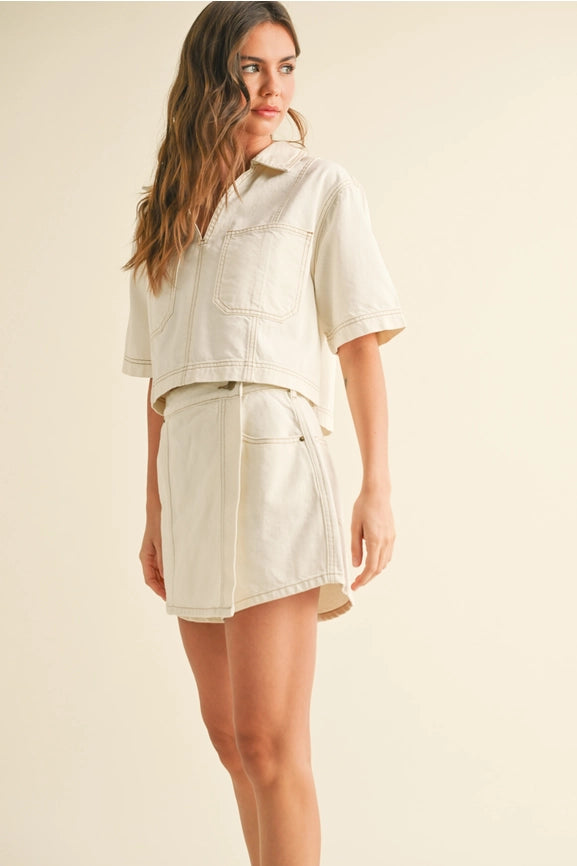 Stitch Detail Skort-Skort-MIOU MUSE-S-ECRU-Urbanheer