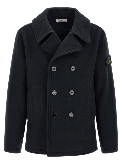 Stone Island Double-breasted Coat With Logo Badge