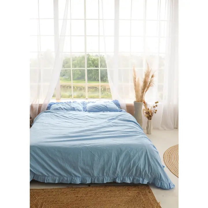 Stonewashed Cotton Sky Blue Duvet Set with Ruffles-Set-Nich Linen-Twin/Twin XL-1. White-Urbanheer