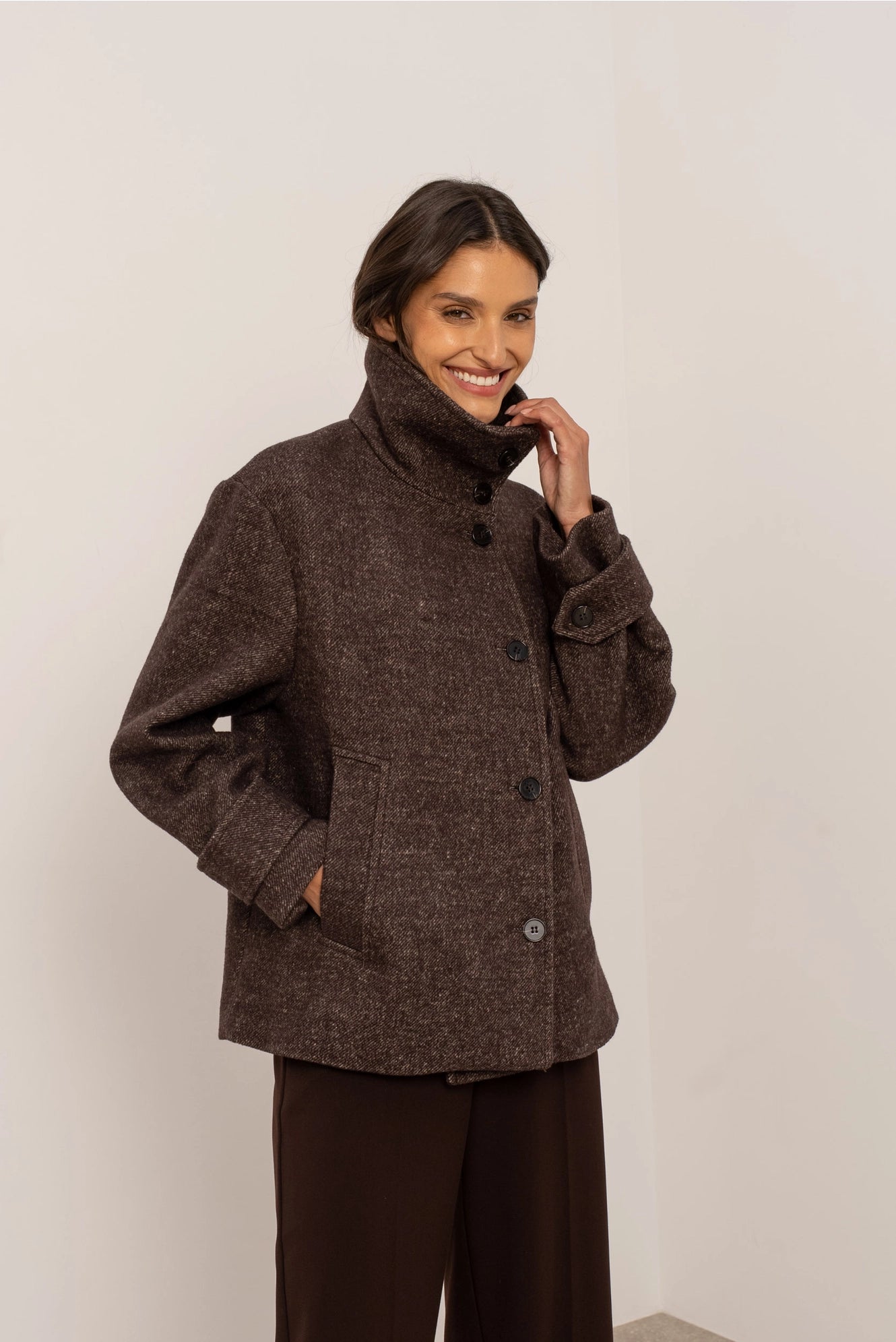 Straight Coat in Blended Wool with Structured High Collar