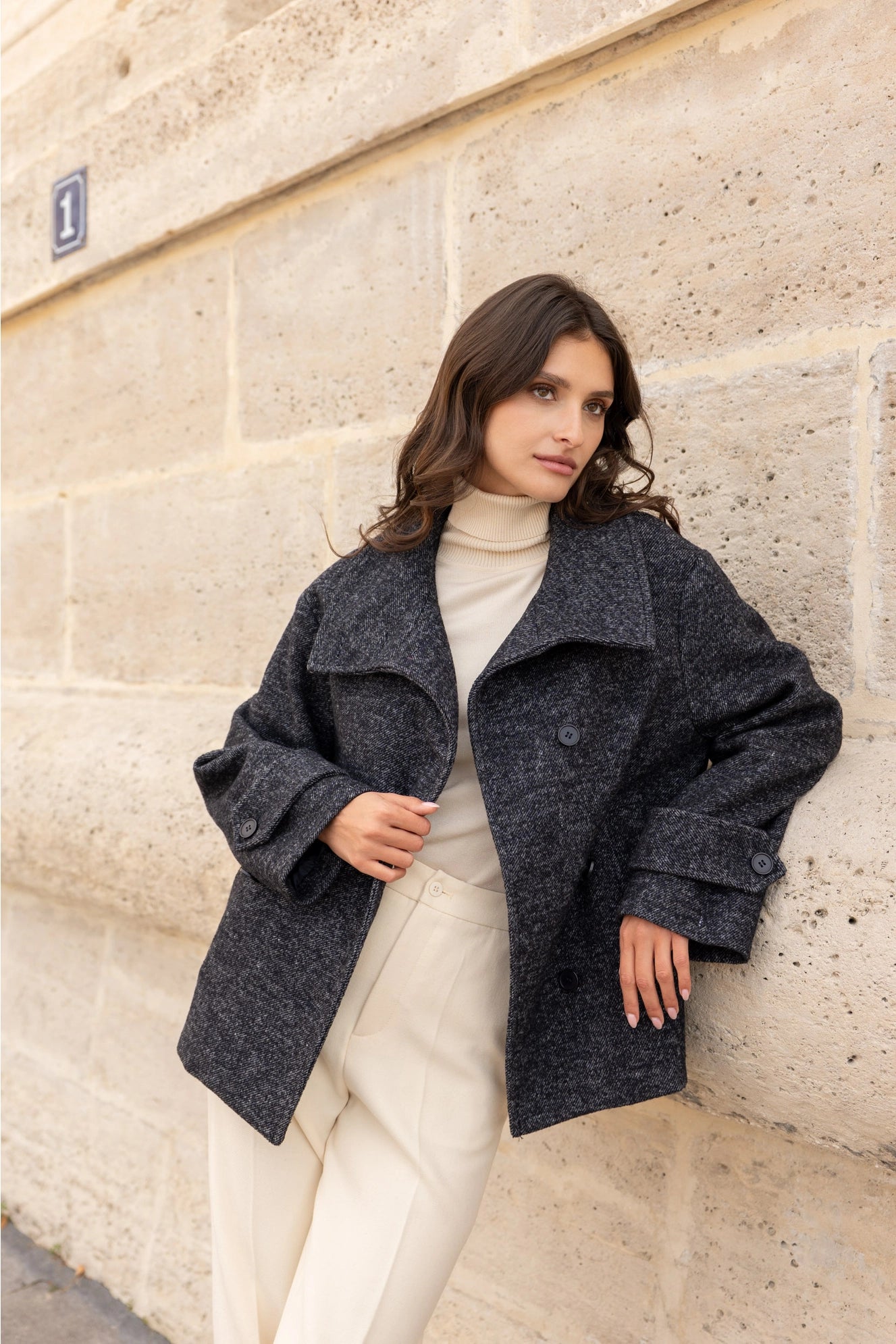 Straight Coat in Blended Wool with Structured High Collar