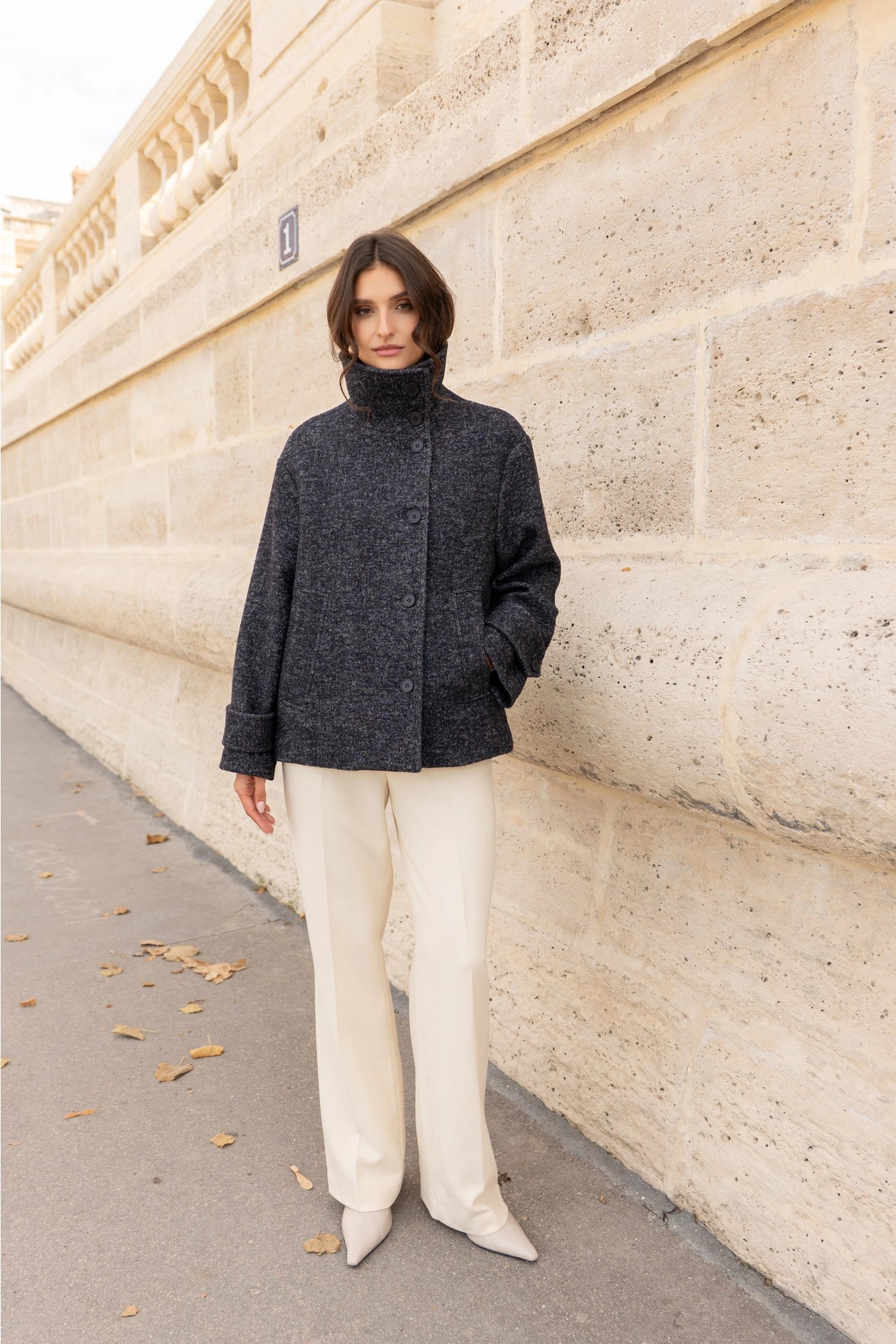 Straight Coat in Blended Wool with Structured High Collar