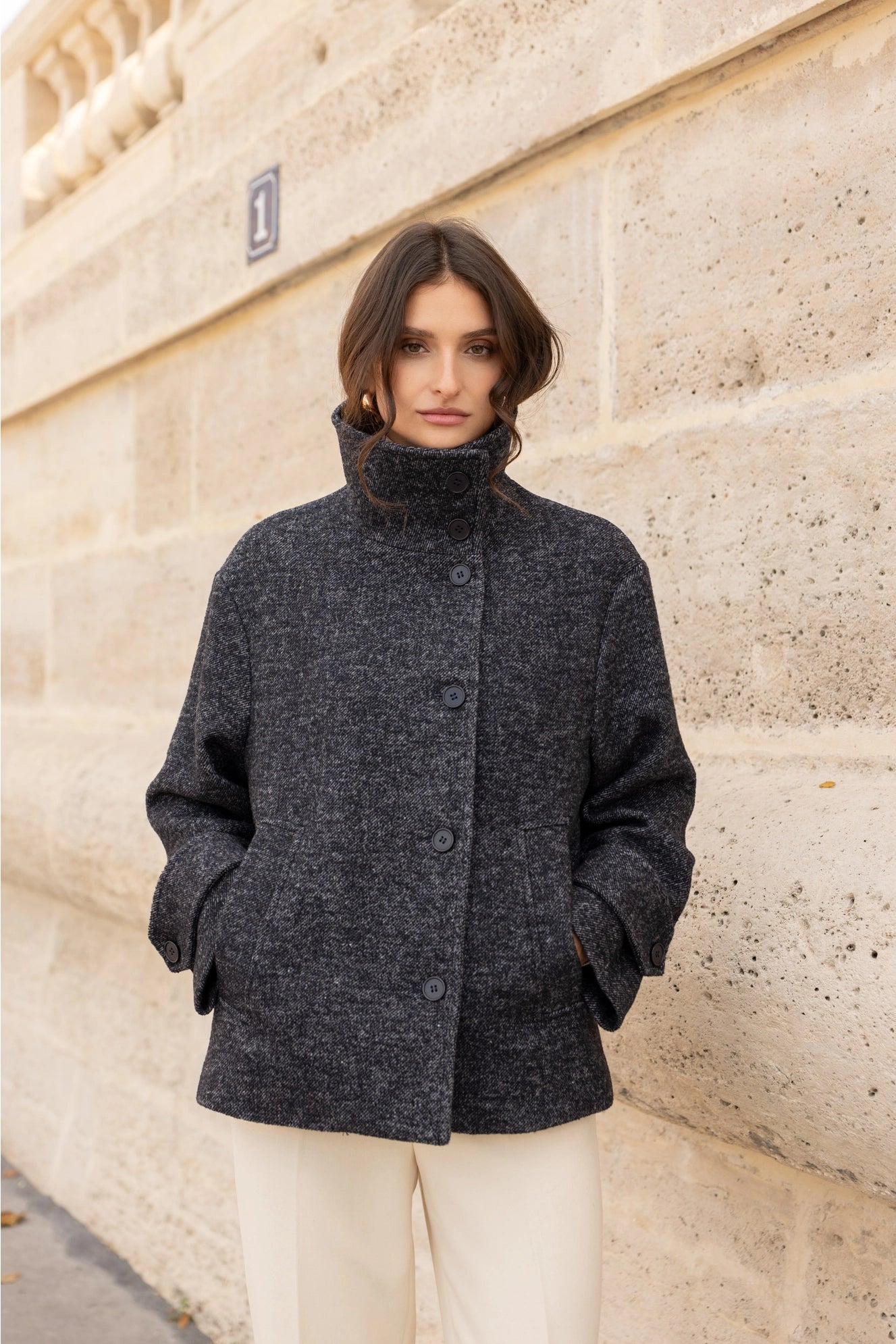 Straight Coat in Blended Wool with Structured High Collar