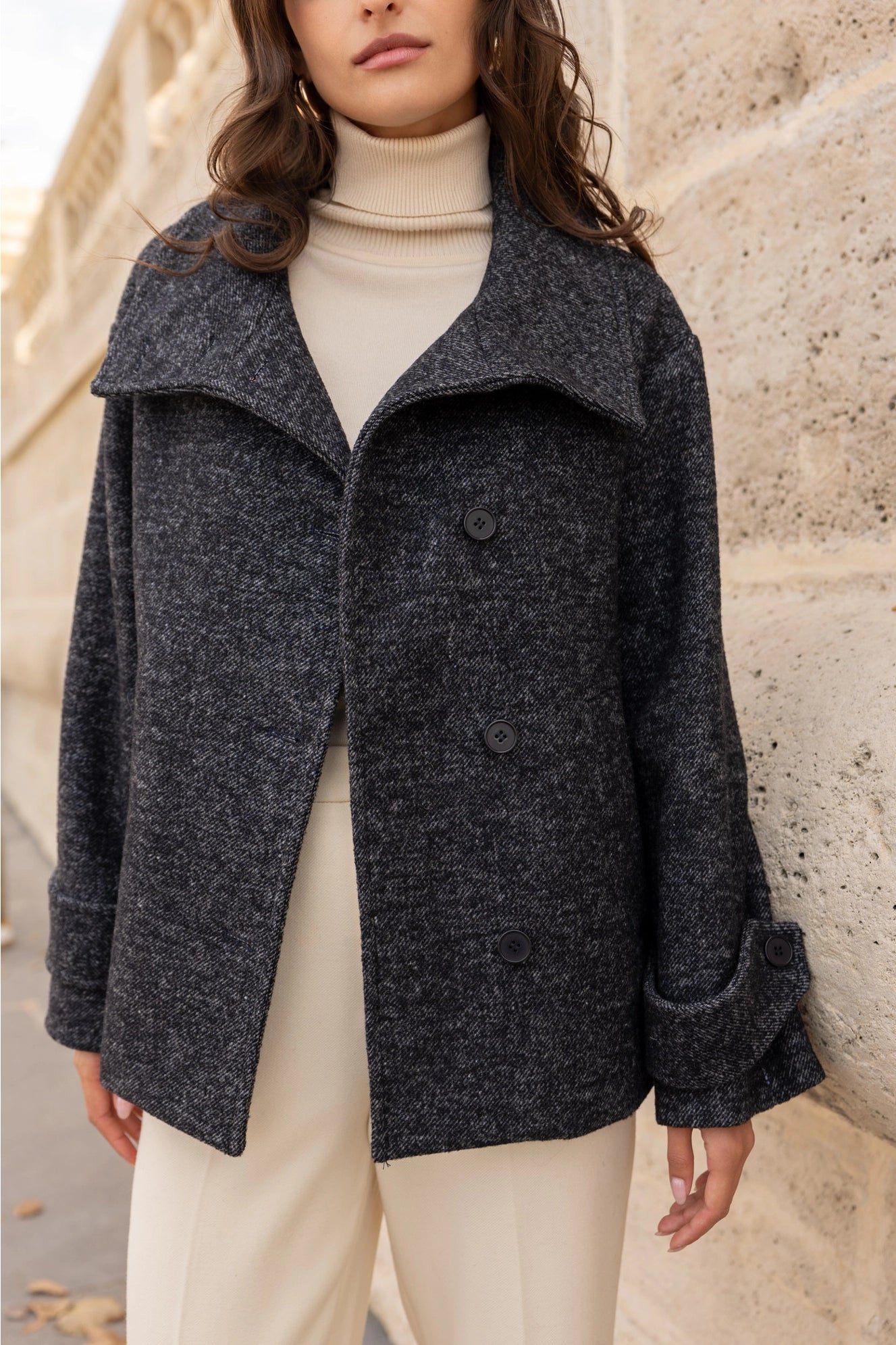 Straight Coat in Blended Wool with Structured High Collar