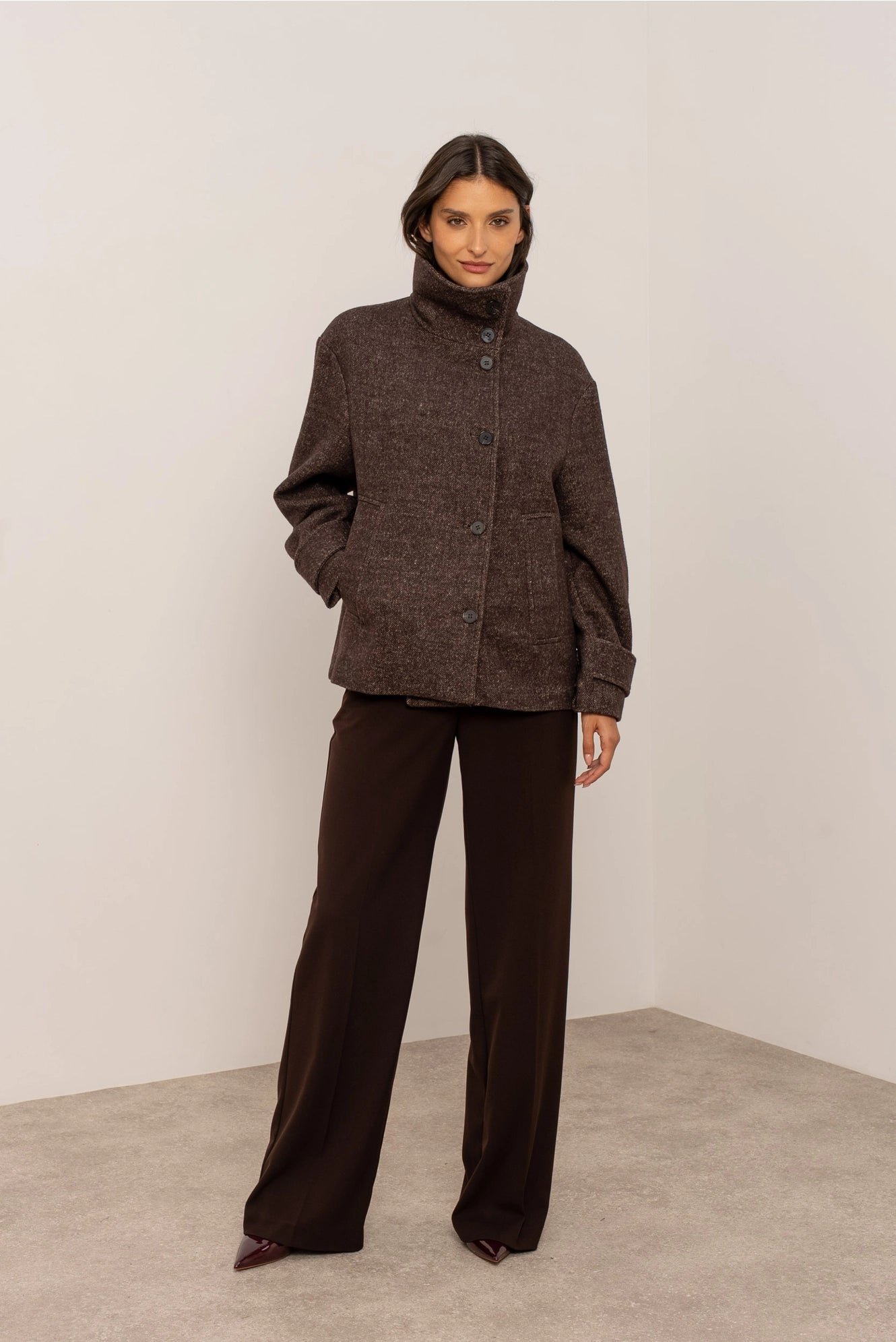 Straight Coat in Blended Wool with Structured High Collar