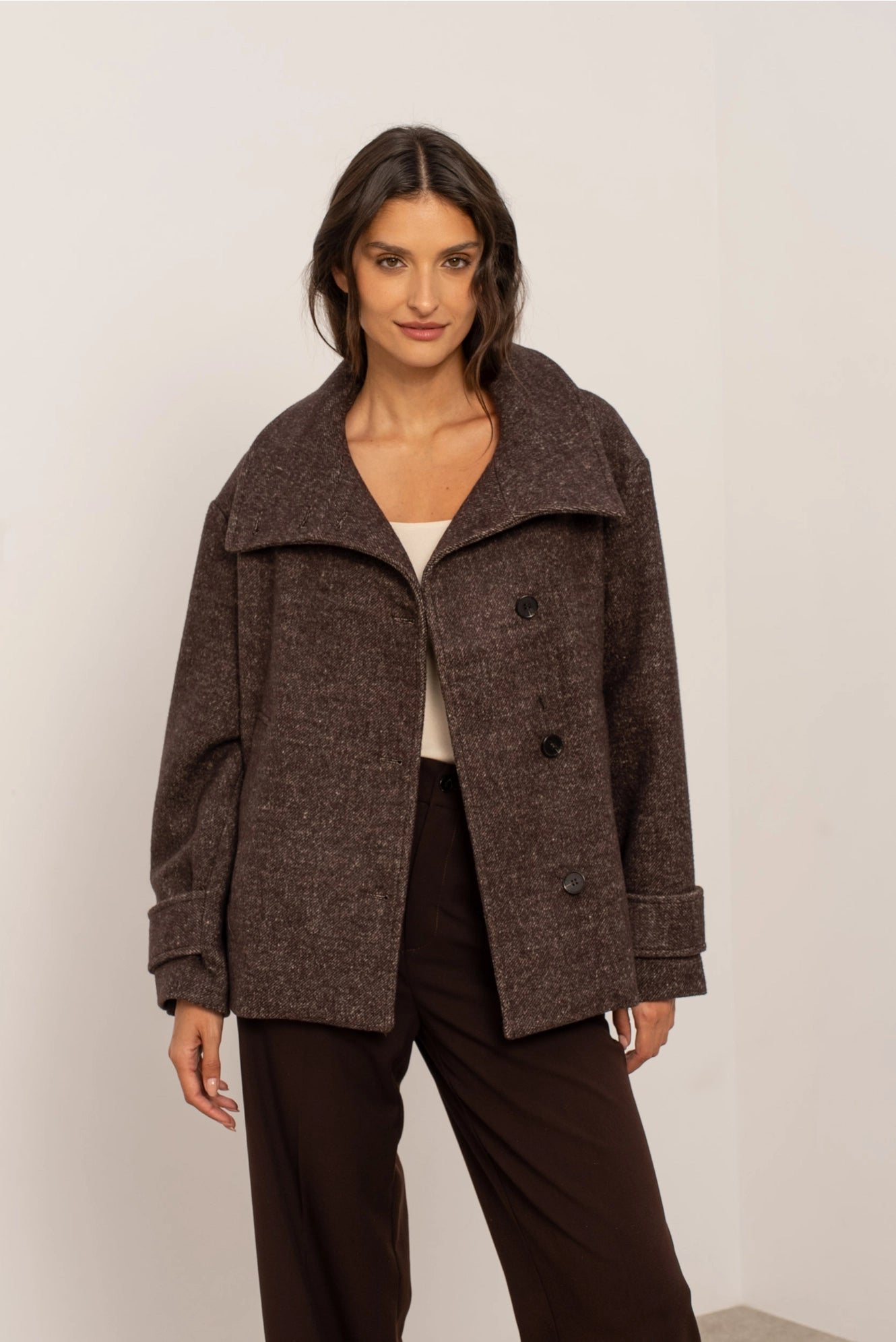 Straight Coat in Blended Wool with Structured High Collar