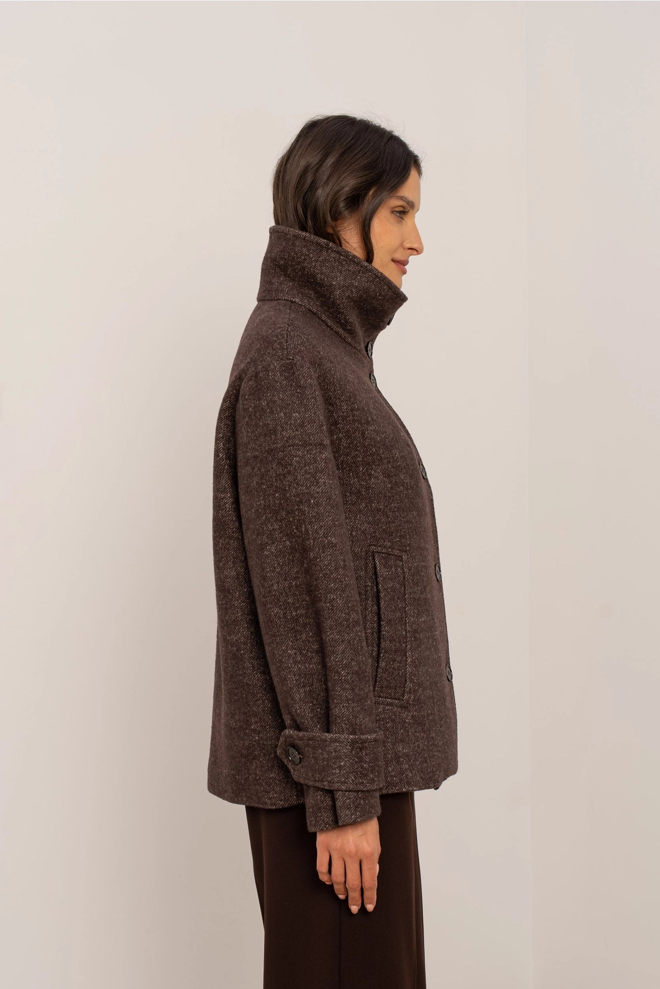 Straight Coat in Blended Wool with Structured High Collar