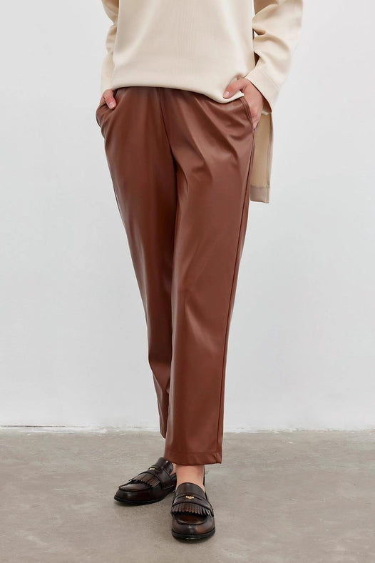 Straight Cut Leather Trousers Camel-Trousers-Kadriye Baştürk-36-Urbanheer