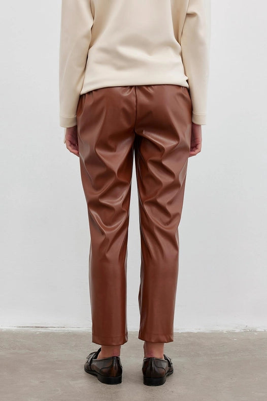 Straight Cut Leather Trousers Camel-Trousers-Kadriye Baştürk-36-Urbanheer