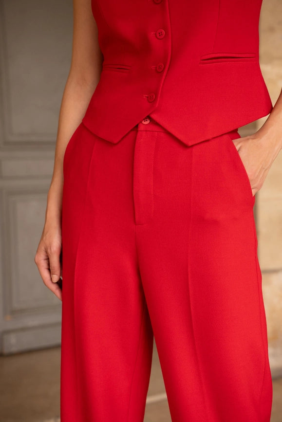 Straight Cut Pants in Winter Material Red-Pants-Attentif Paris-S-Urbanheer