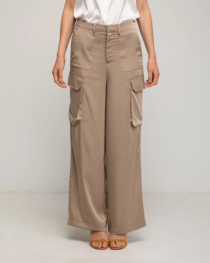 Straight-Cut Satin Trousers-Trousers-Tantra-S-Beige-Urbanheer
