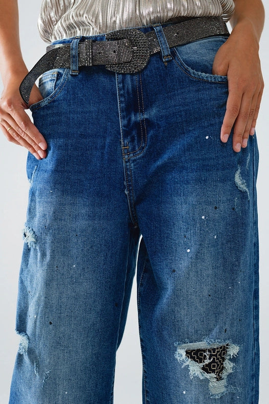 Straight Distressed Jeans with Paint Stains Details-Jeans-Q2-XS-Blue-Urbanheer