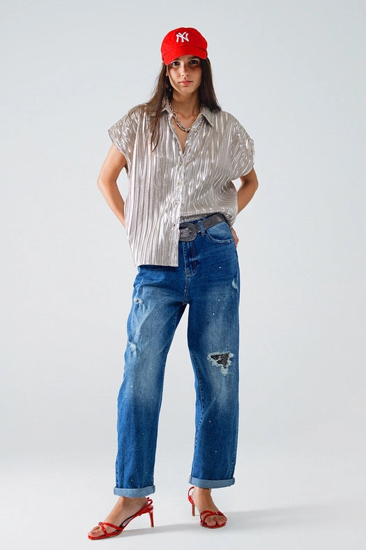 Straight Distressed Jeans with Paint Stains Details-Jeans-Q2-XS-Blue-Urbanheer