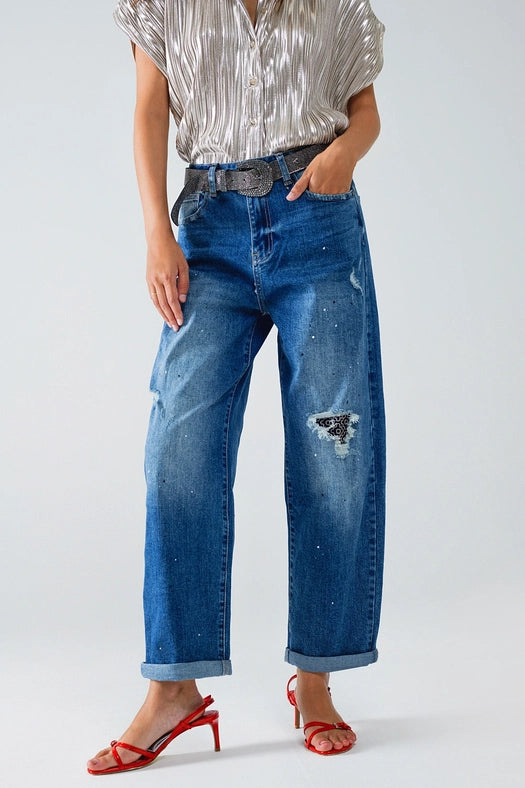 Straight Distressed Jeans with Paint Stains Details-Jeans-Q2-XS-Blue-Urbanheer