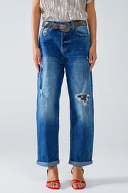 Straight Distressed Jeans with Paint Stains Details-Jeans-Q2-XS-Blue-Urbanheer