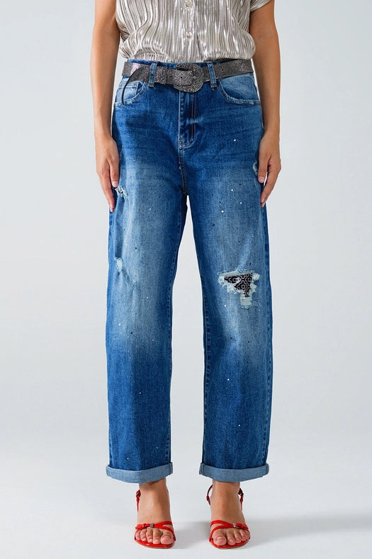 Straight Distressed Jeans with Paint Stains Details-Jeans-Q2-XS-Blue-Urbanheer