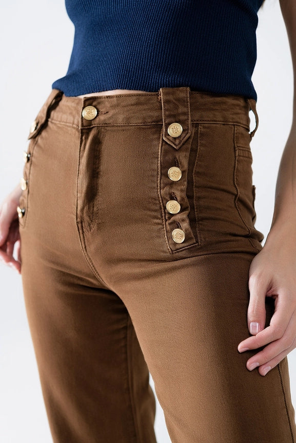 Straight Jeans with Gold Buttons At the Side in Camel-Jeans-Q2-XS-Brown-Urbanheer