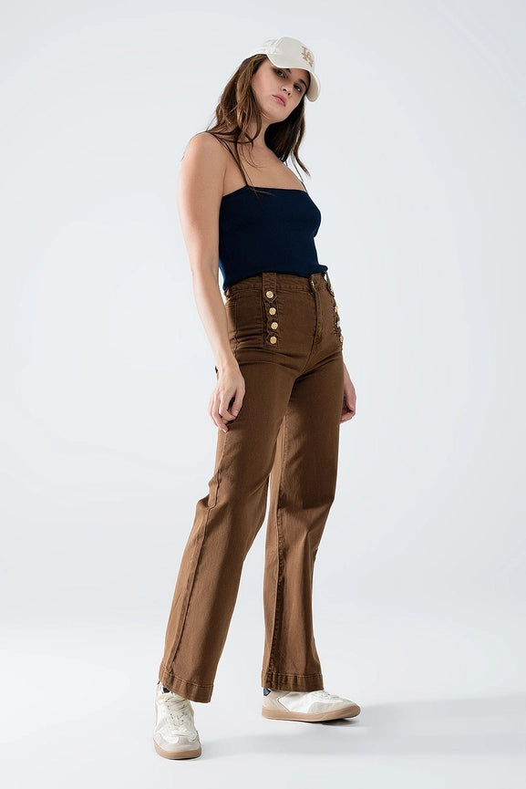 Straight Jeans with Gold Buttons At the Side in Camel-Jeans-Q2-XS-Brown-Urbanheer