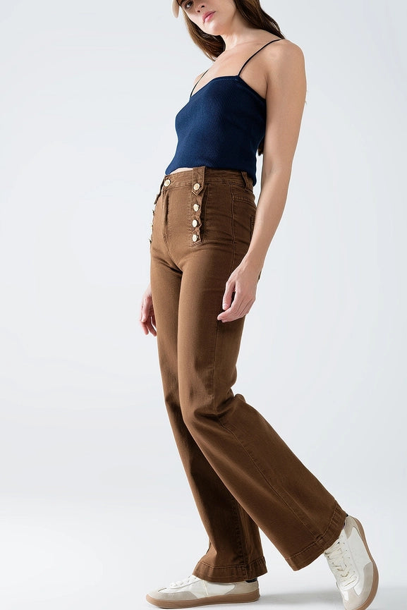 Straight Jeans with Gold Buttons At the Side in Camel-Jeans-Q2-XS-Brown-Urbanheer