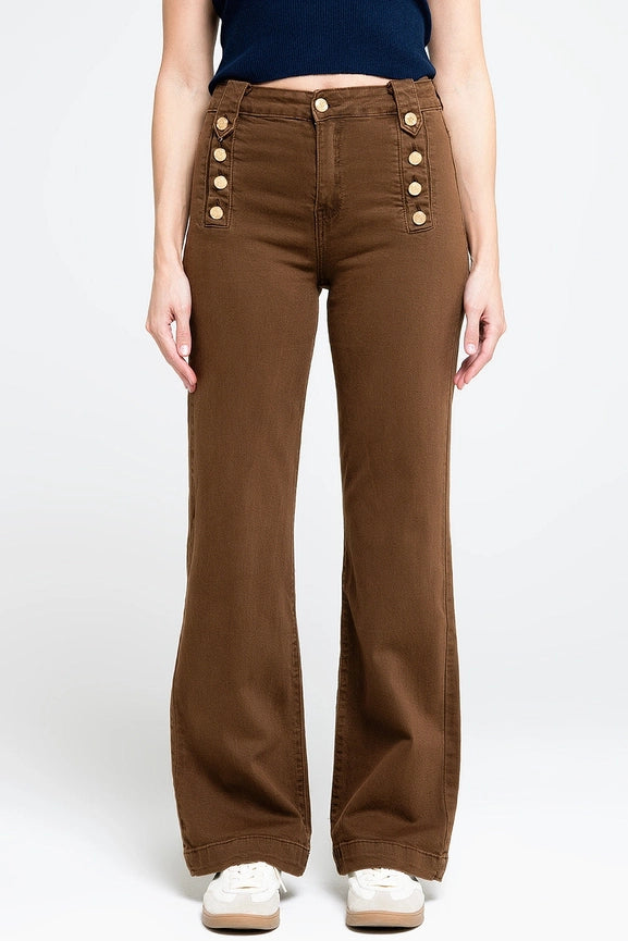 Straight Jeans with Gold Buttons At the Side in Camel-Jeans-Q2-XS-Brown-Urbanheer
