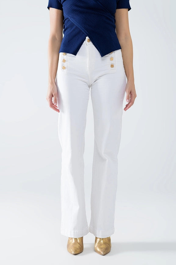 Straight Jeans with Gold Buttons At the Side in White-Jeans-Q2-XS-White-Urbanheer