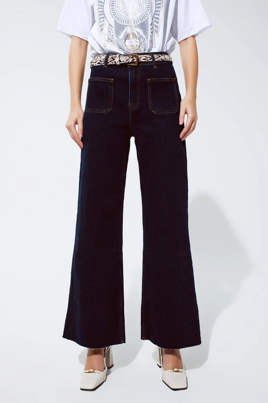 Straight Jeans With Pocket Detail In Dark Wash-Jeans-Q2-S-Blue-Urbanheer