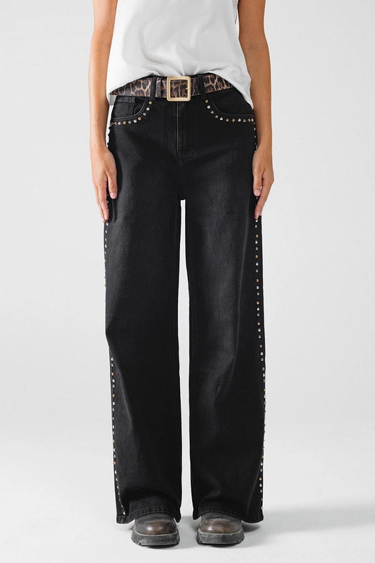 Straight Jeans with Stud Trim Details On the Sides in Black-Jeans-Q2-L-Black-Urbanheer