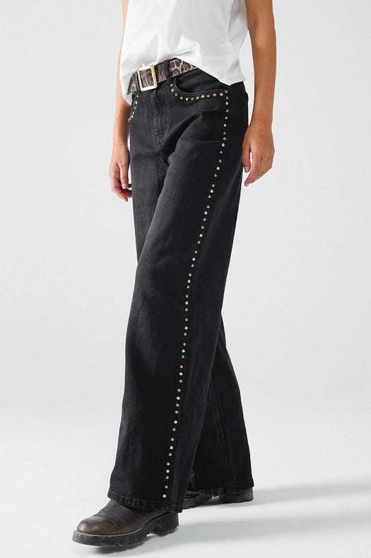 Straight Jeans with Stud Trim Details On the Sides in Black-Jeans-Q2-L-Black-Urbanheer