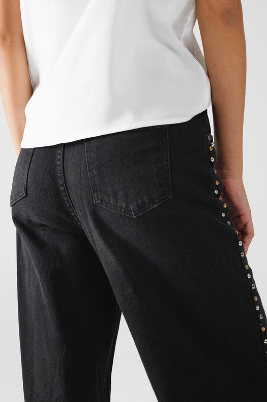 Straight Jeans with Stud Trim Details On the Sides in Black-Jeans-Q2-L-Black-Urbanheer