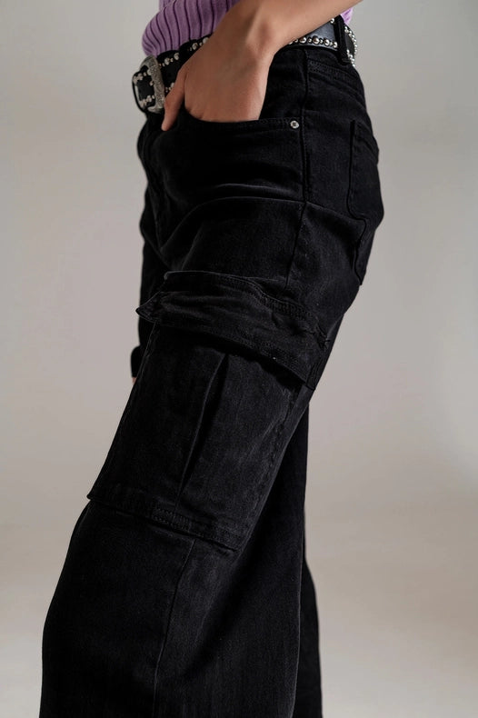 Straight Leg Cargo Jeans In Black-Jeans-Q2-XL-Black-Urbanheer