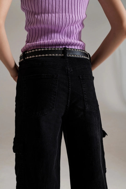 Straight Leg Cargo Jeans In Black-Jeans-Q2-XL-Black-Urbanheer