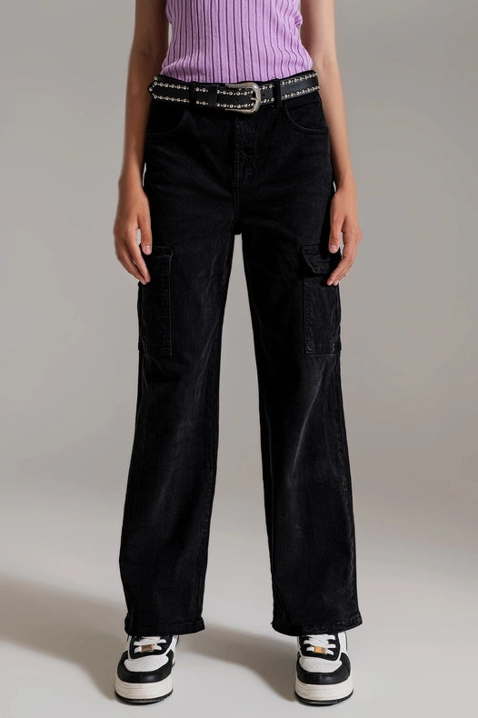 Straight Leg Cargo Jeans In Black-Jeans-Q2-XL-Black-Urbanheer