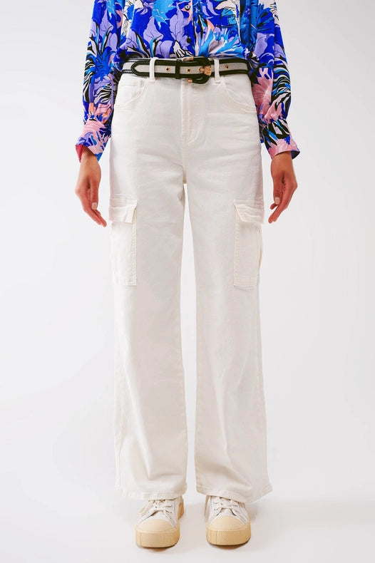 Straight Leg Cargo Jeans In White-Jeans-Q2-XS-White-Urbanheer