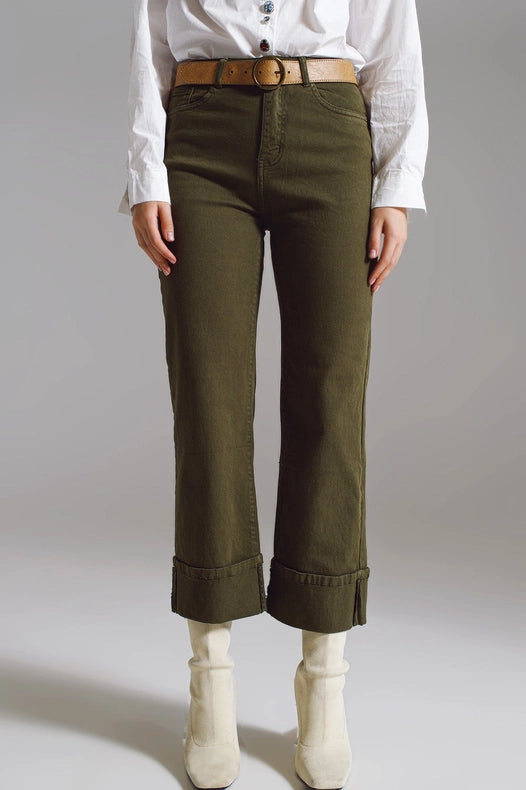 Straight Leg Jeans With Cropped Hem In Dark Green