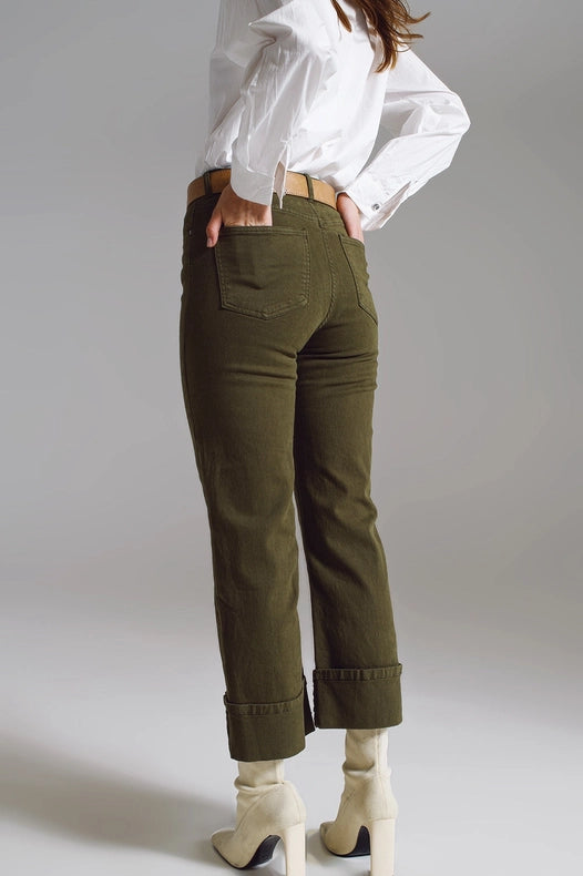 Straight Leg Jeans With Cropped Hem In Dark Green-Jeans-Q2-S-Green-Urbanheer