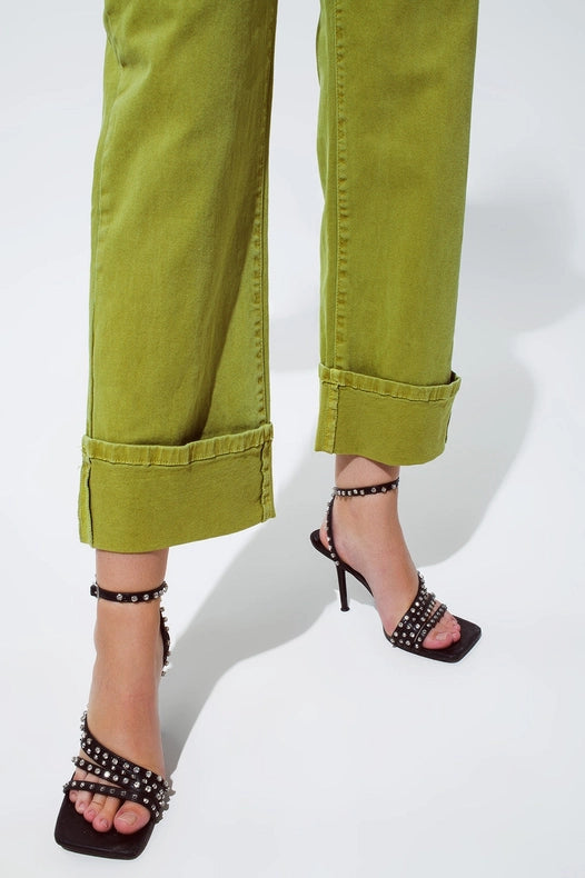Straight Leg Jeans With Cropped Hem In Olive Green-Jeans-Q2-XS-Green-Urbanheer