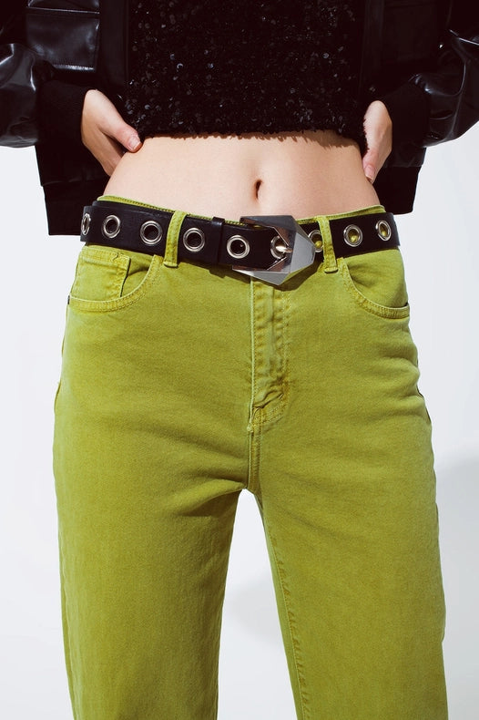 Straight Leg Jeans With Cropped Hem In Olive Green