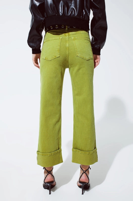 Straight Leg Jeans With Cropped Hem In Olive Green-Jeans-Q2-XS-Green-Urbanheer