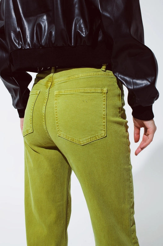 Straight Leg Jeans With Cropped Hem In Olive Green-Jeans-Q2-XS-Green-Urbanheer