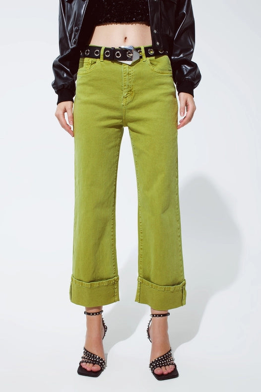 Straight Leg Jeans With Cropped Hem In Olive Green-Jeans-Q2-XS-Green-Urbanheer