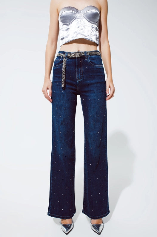 Straight Leg Jeans With Strass Detail In Blue