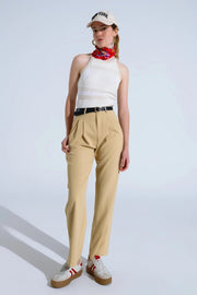 Straight Leg Trousers with Side Pockets and Darts in Beige-Trousers-Q2-M-Beige-Urbanheer