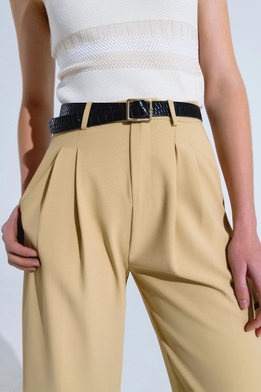 Straight Leg Trousers with Side Pockets and Darts in Beige-Trousers-Q2-M-Beige-Urbanheer