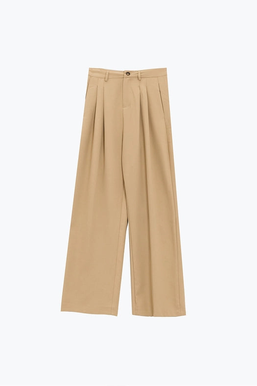 Straight Leg Trousers with Side Pockets and Darts in Beige-Trousers-Q2-M-Beige-Urbanheer