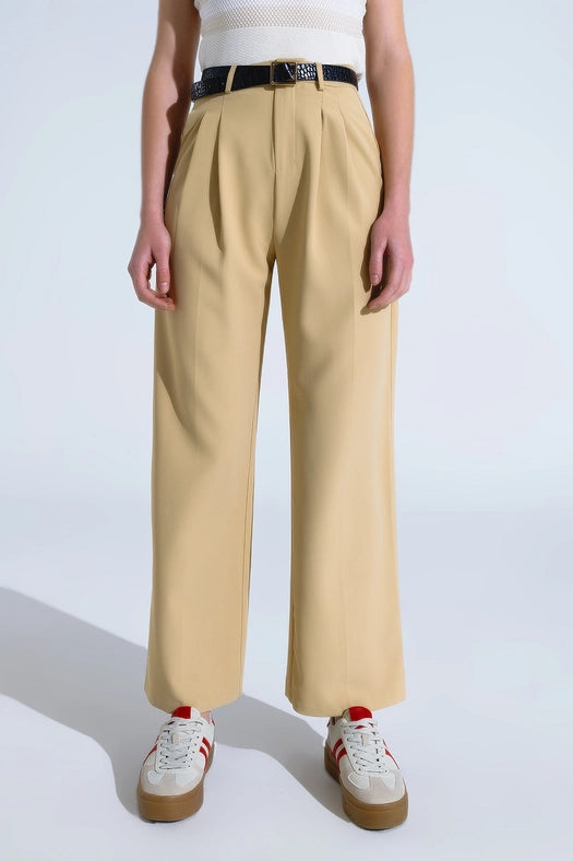 Straight Leg Trousers with Side Pockets and Darts in Beige-Trousers-Q2-M-Beige-Urbanheer