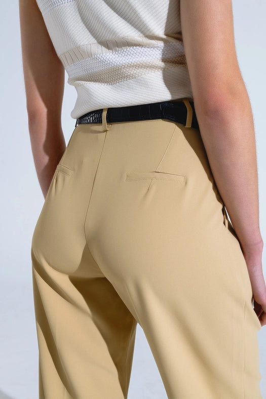 Straight Leg Trousers with Side Pockets and Darts in Beige-Trousers-Q2-M-Beige-Urbanheer