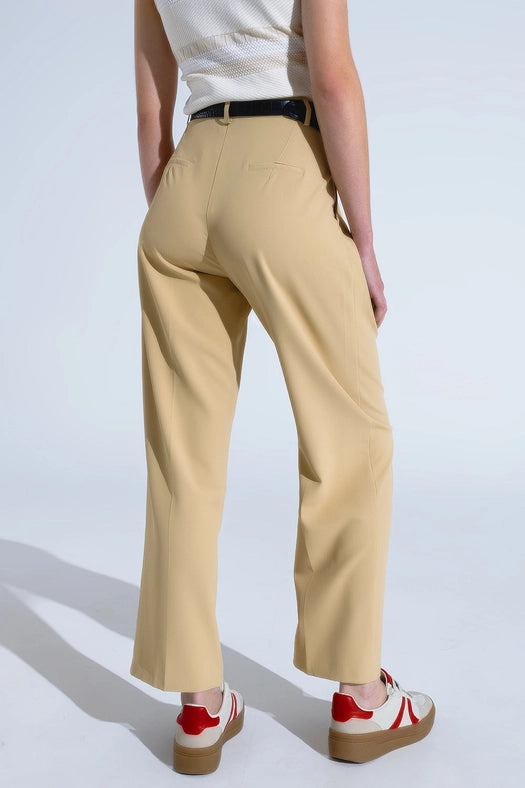 Straight Leg Trousers with Side Pockets and Darts in Beige-Trousers-Q2-M-Beige-Urbanheer