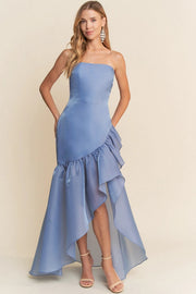 Straight Neckline Strapless Ruffle Asymmetrical High Low Dress Dusty Blue-Dress-Maniju-S-Dusty Blue-Urbanheer