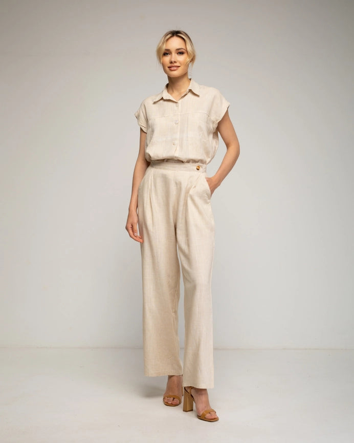 Straight Pants with Gathered Waist-Pants-Tantra-S-Beige-Urbanheer